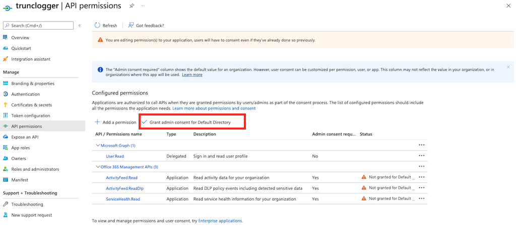 Trunc - Azure Application Registration - Grant Admin Permission