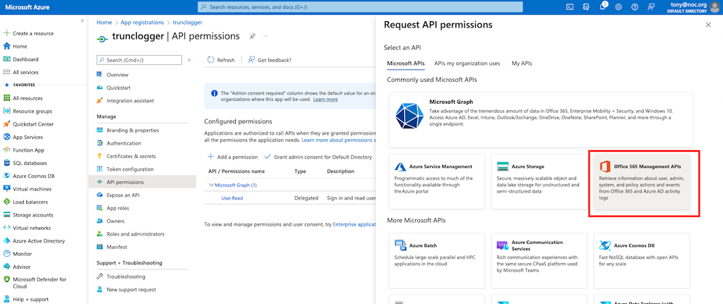 Trunc - Azure Application Registration - Application Permissions for O365 APIs