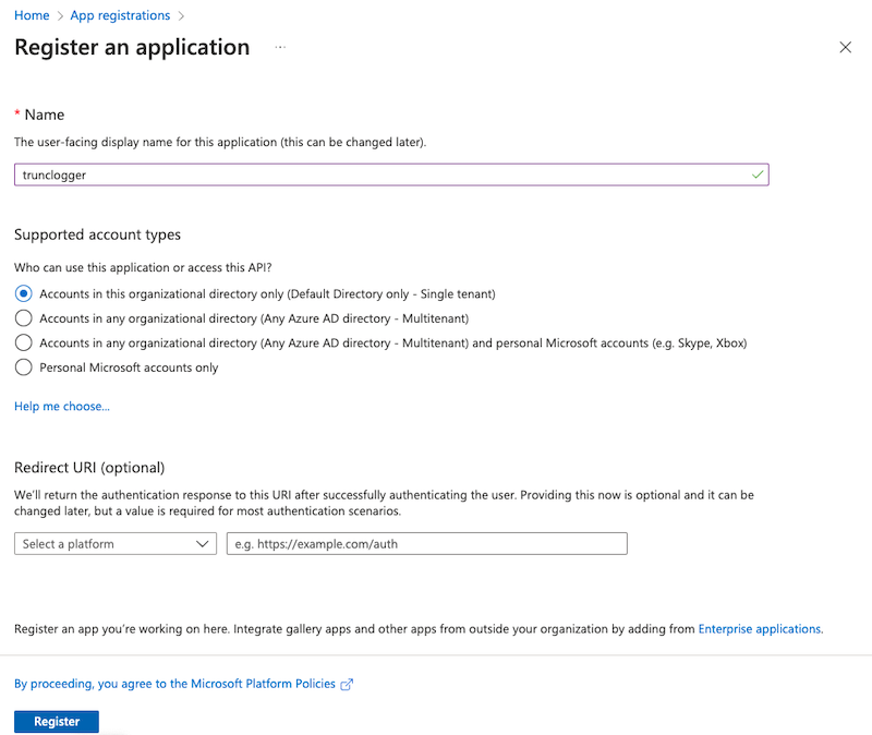Trunc - Azure Application Registration Page