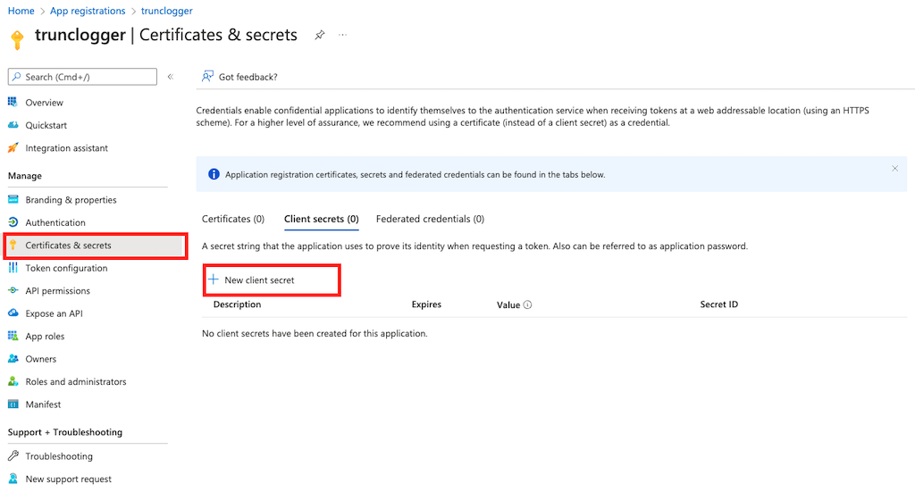 Trunc - Azure Application Registration - New Secret